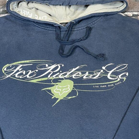 Vintage Fox Racing Riders Co Blue Hoodie Men's Size Medium - Live Fast Ride Hard - Picture 3 of 12